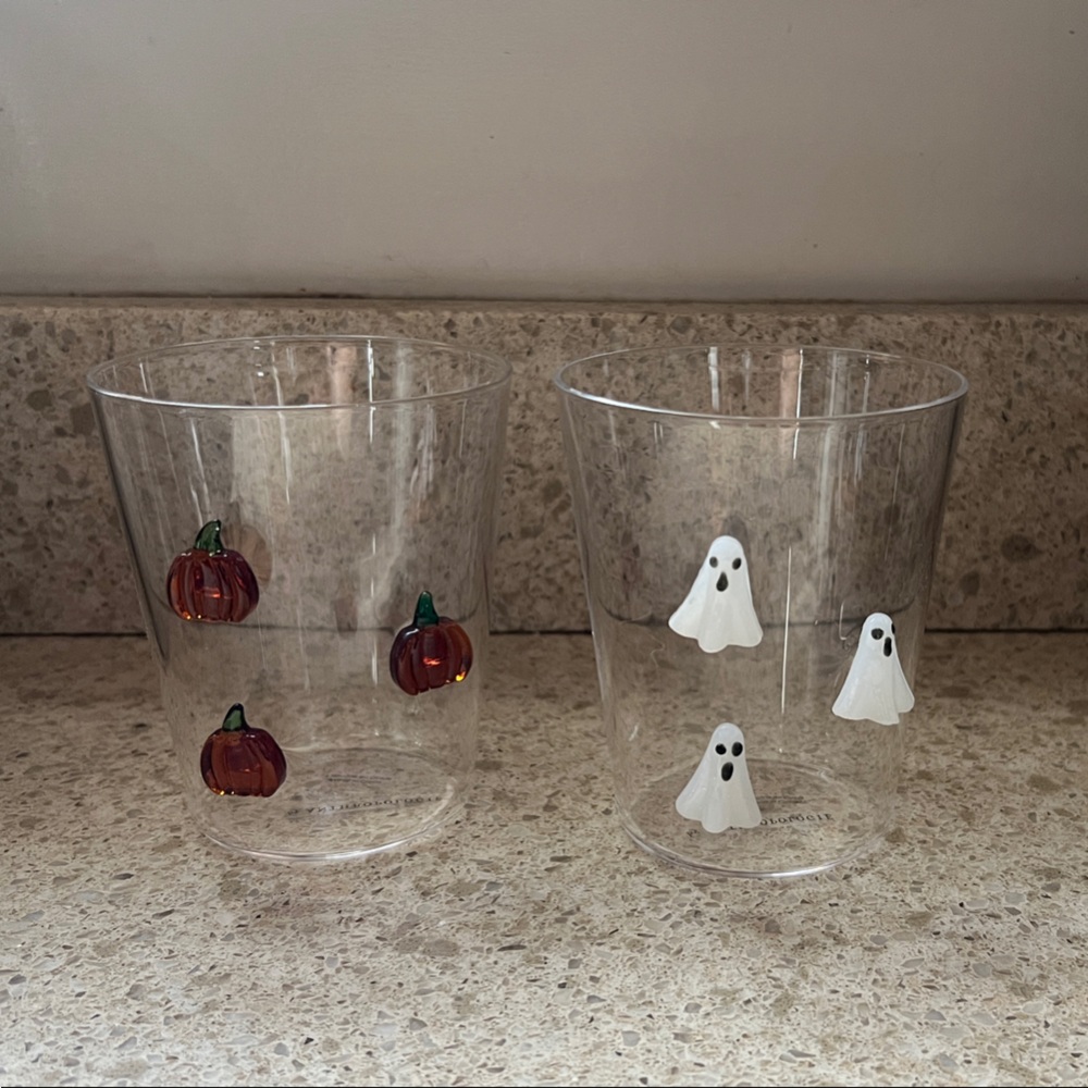 Anthropologie Halloween Glasses with Ghost and Pumpkin Design